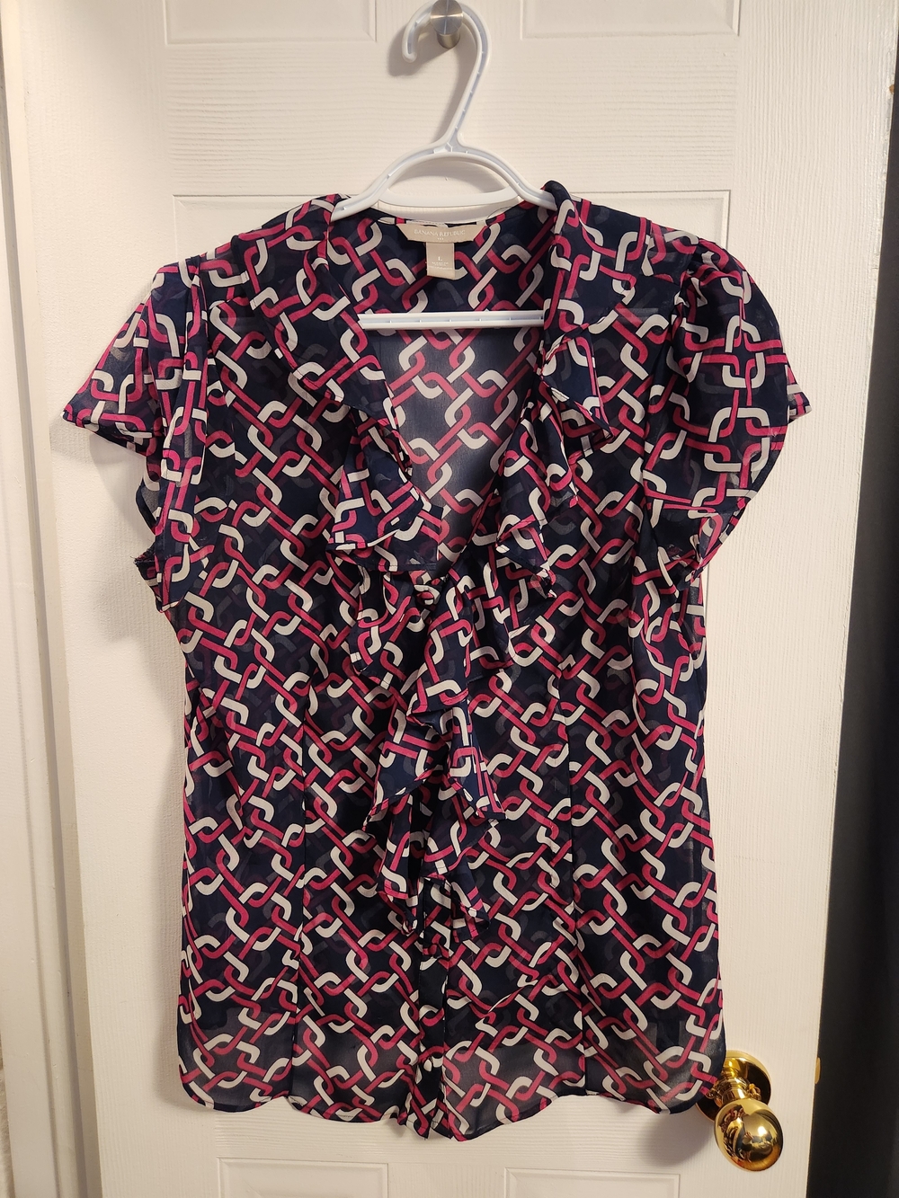 Banana Republic Navy Blouse with Pink and Cream Link Print